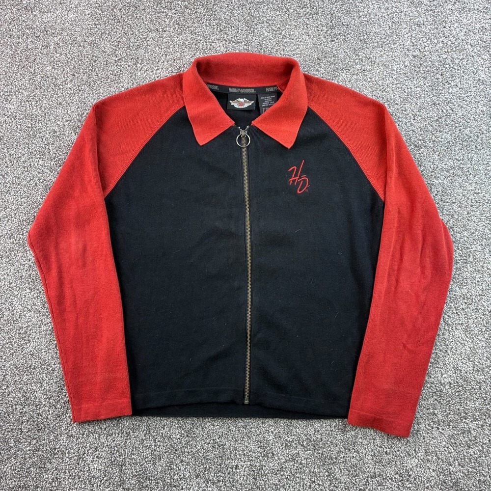 Vintage Harley Davidson Sweater Women's Large Black Orange Cotton Full Zip Biker